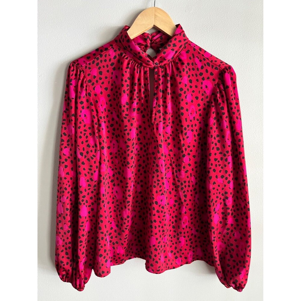 Nine West Satin Leopard Print Tie Neck Blouse Pink Red NWT L